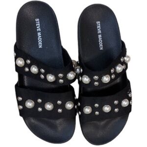 Steve Madden size 10  black rubber slides embellished with pearls